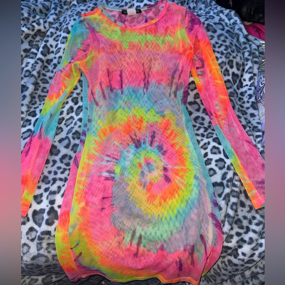 Tie dye long sleeve mesh dress